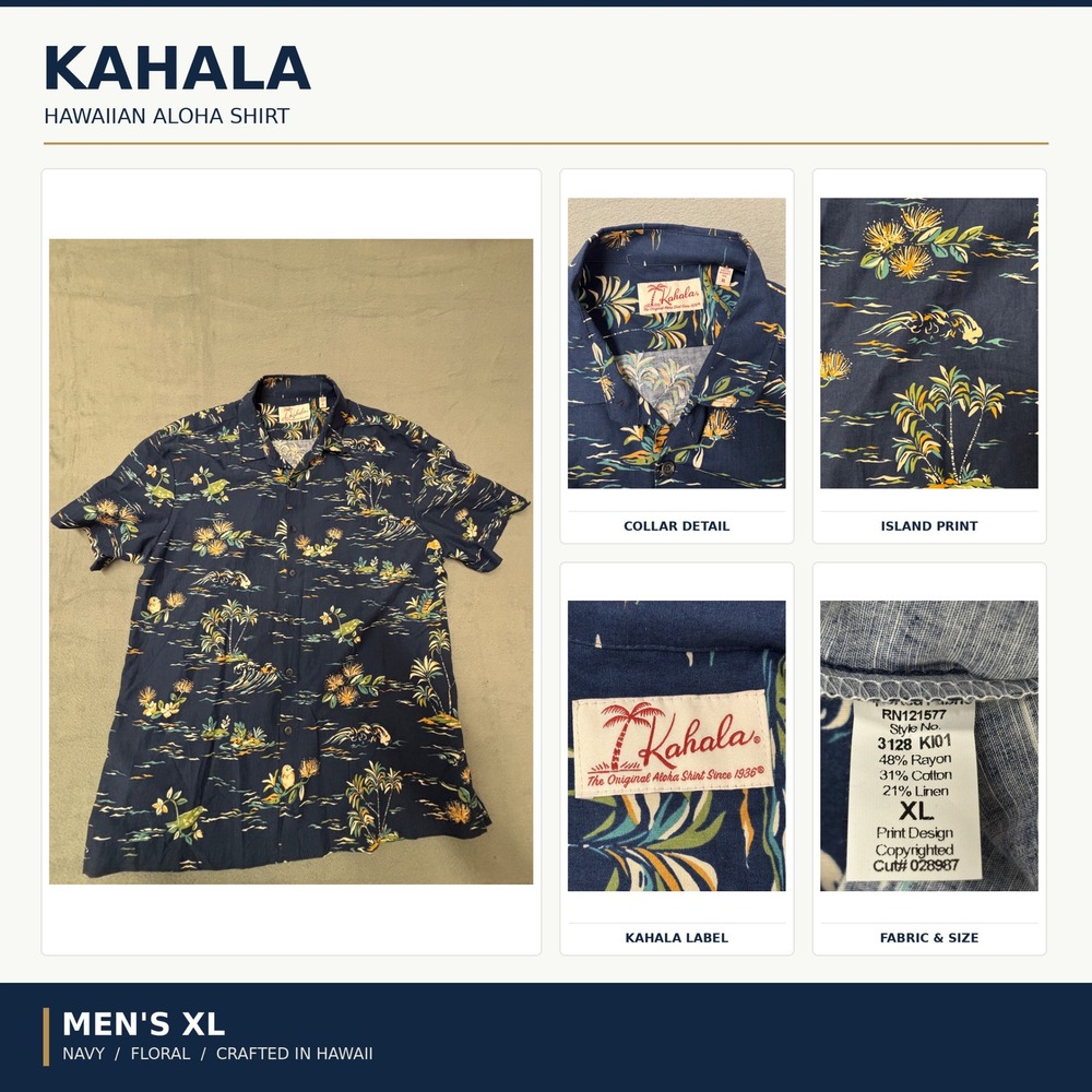 Kahala Mens XL Hawaiian Aloha Shirt Navy Blue Floral Cotton Linen 3128 KI01